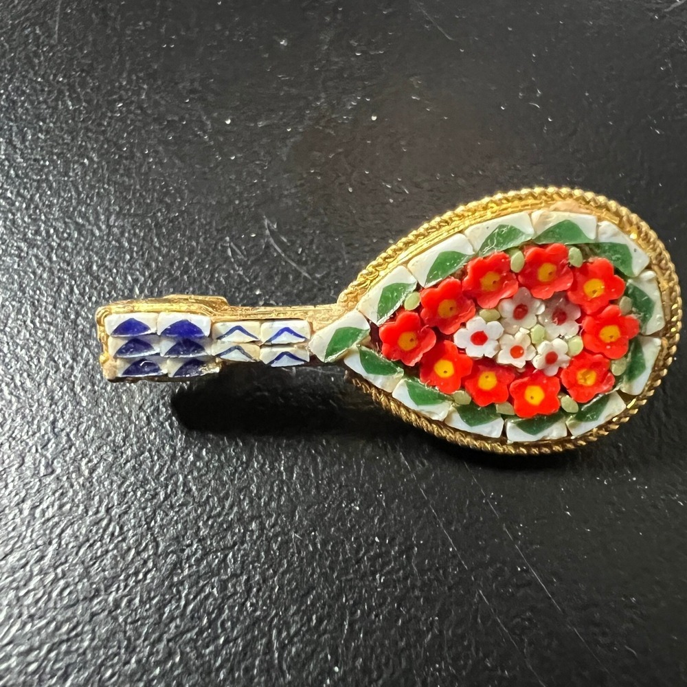 Vintage Micro Mosaic Lute Brooch Orange White Flowers Gold Tone Pin - Picture 3 of 10